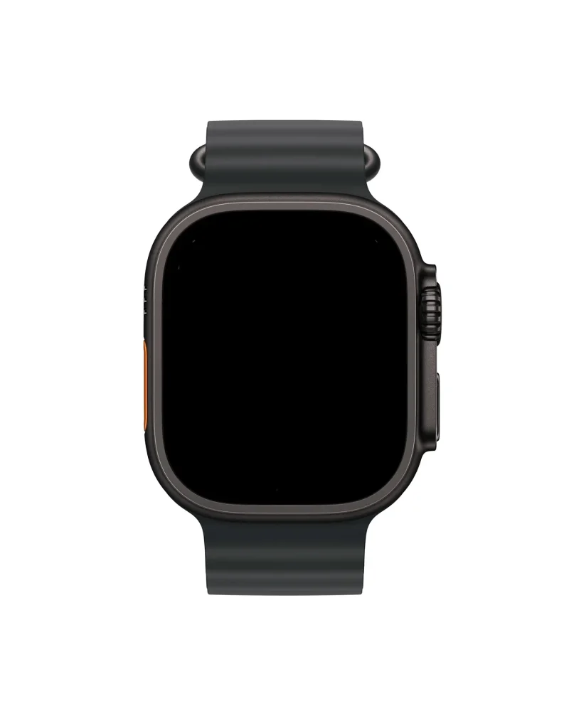 Black sport smartwatch with dark silicone band and orange accent button