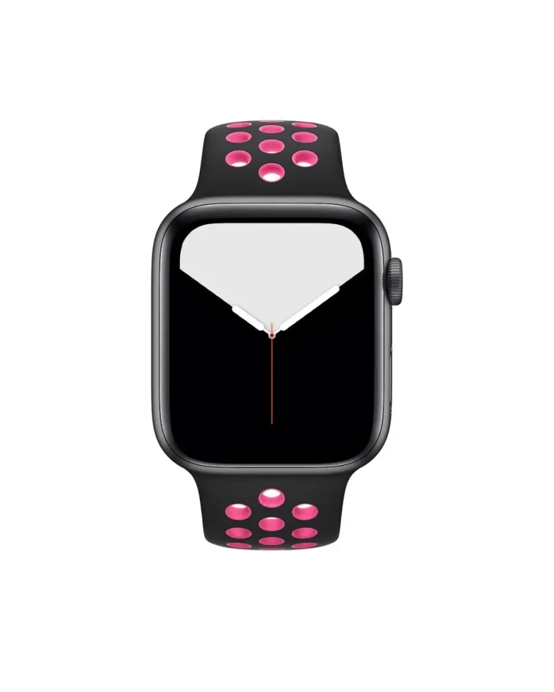 Black Apple Watch with pink sport band perforated holes breathable athletic strap