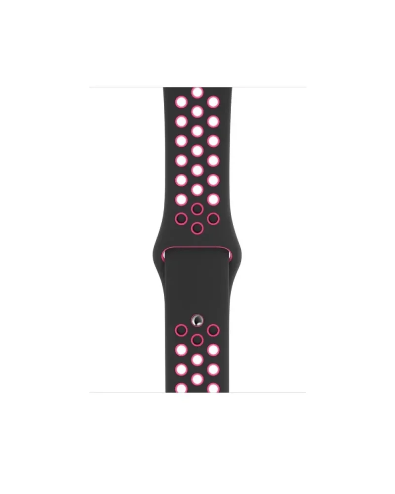 Black sport band with pink LED lights and ventilation holes for smartwatch