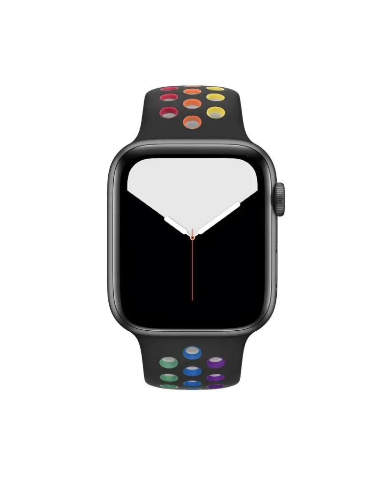 Black smartwatch with colorful rainbow pride sport band and digital display