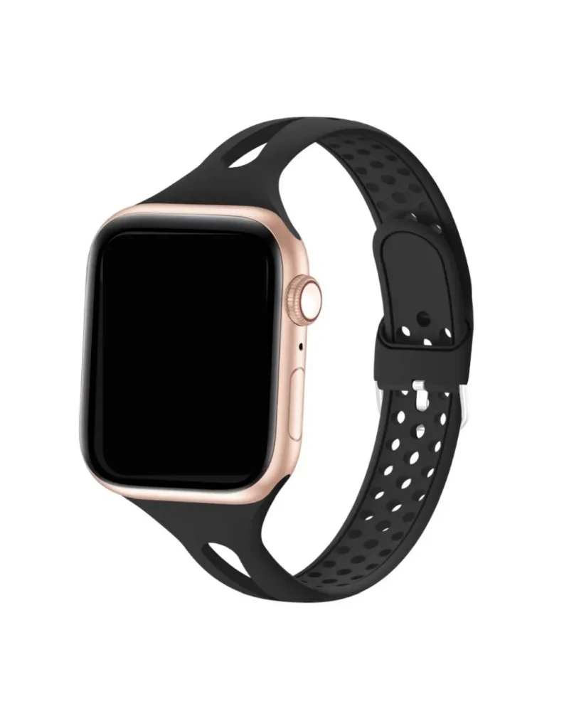 Rose gold smartwatch with black silicone sport band and perforated strap design