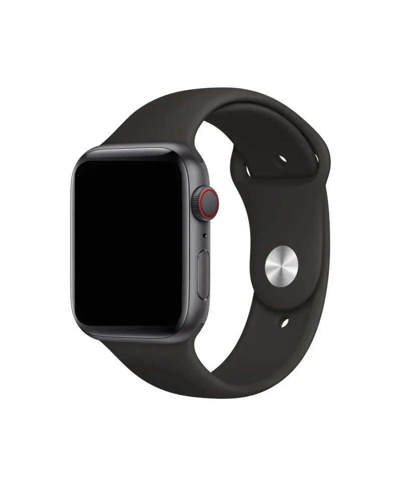 Black sport band smartwatch with red digital crown and aluminum case