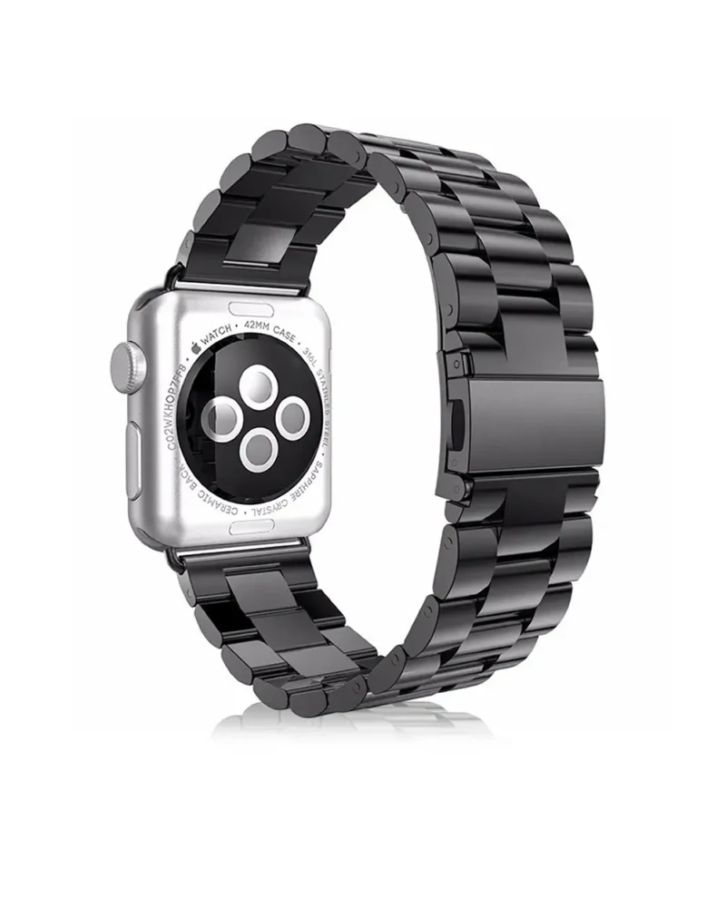 Stainless steel smartwatch band with black metal links and silver case