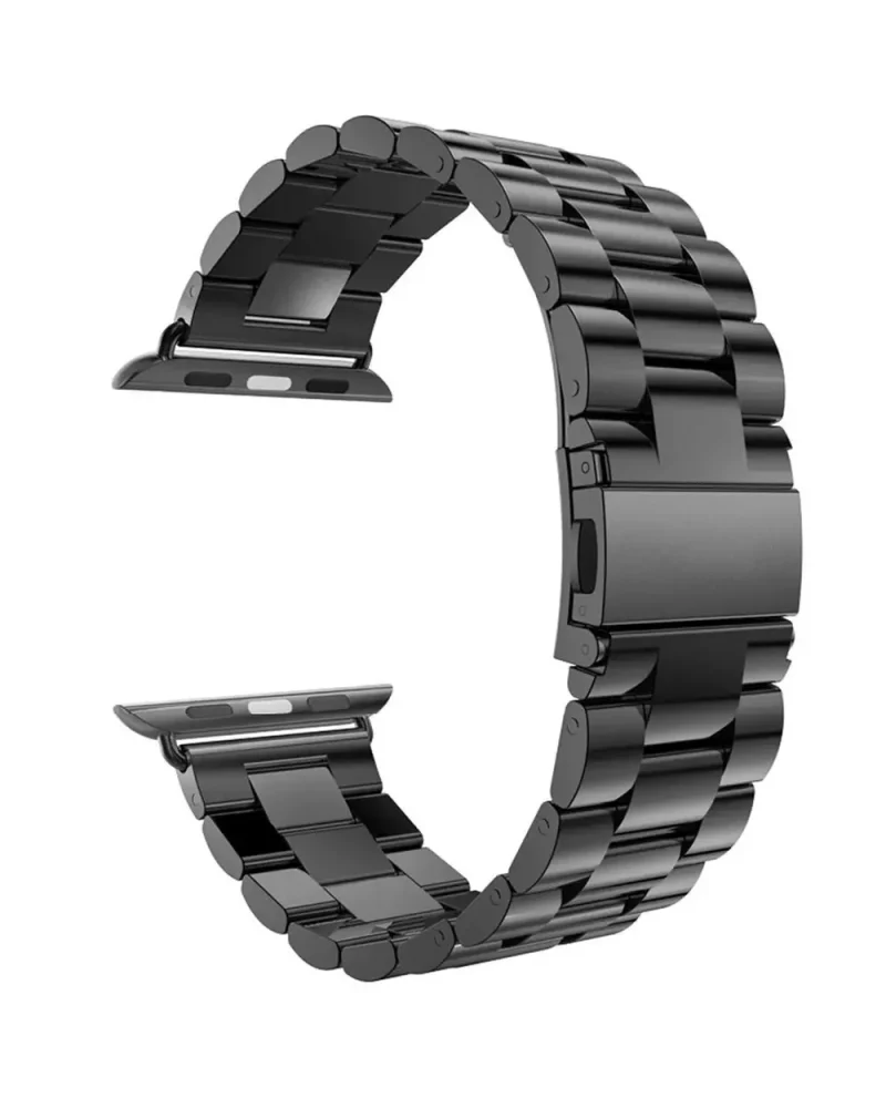 Black stainless steel smartwatch band with metal links and connector