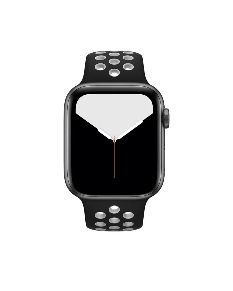 Black smartwatch with perforated sport band and white analog watch face