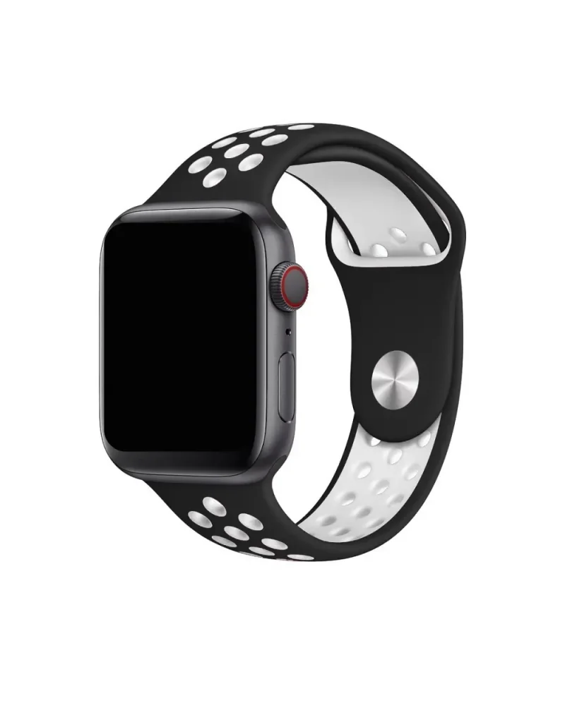Black and white Nike-style sport band for Apple Watch with perforated design