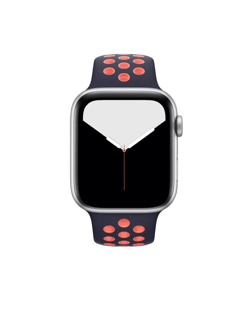 Silver smartwatch with black and mango sport band displaying watch face