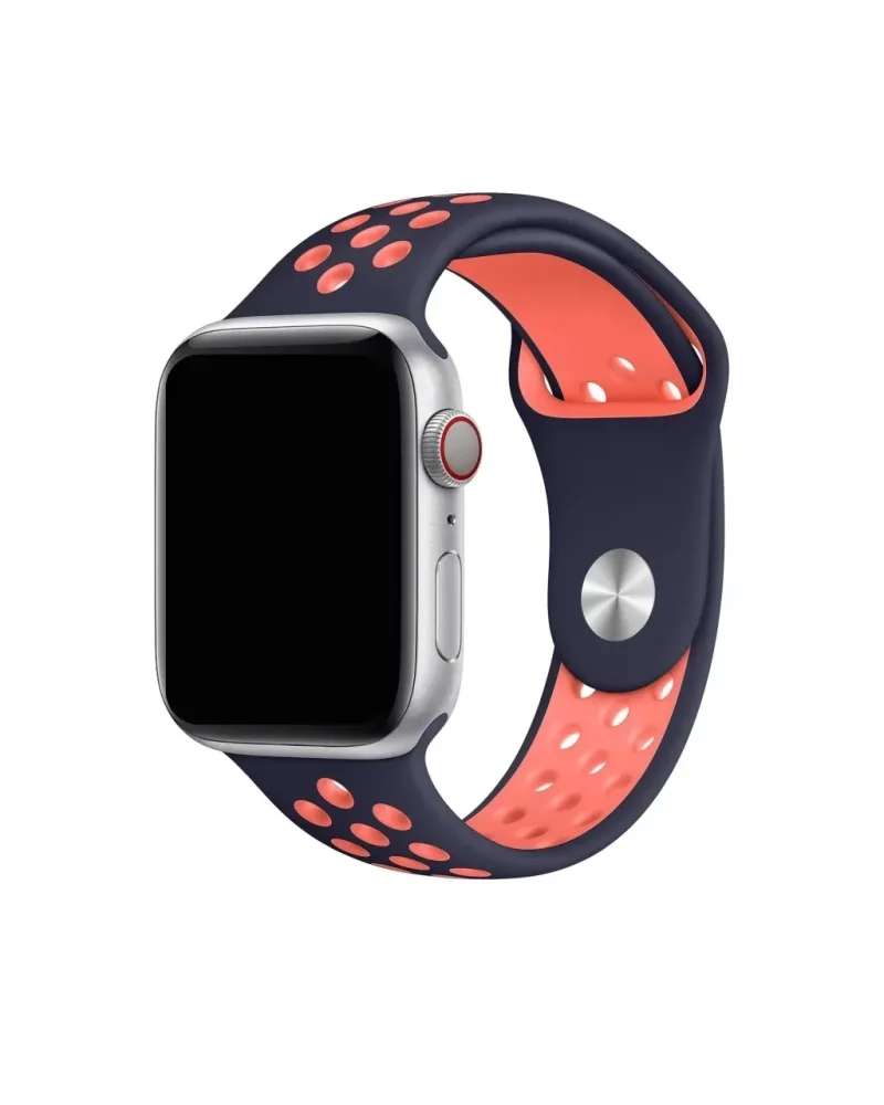Silver Apple Watch with navy blue and bright mango sport band strap