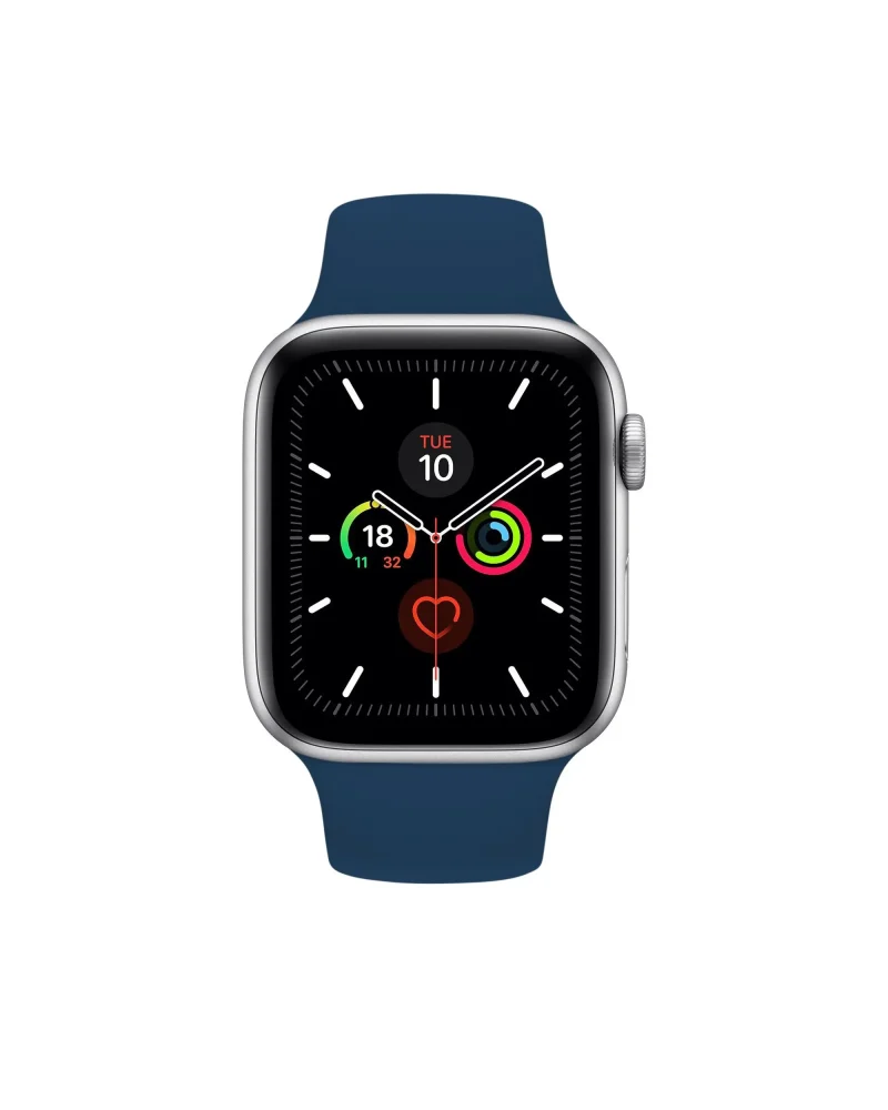 Silver smartwatch with blue sport band displaying fitness and health metrics