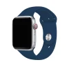 Silver smartwatch with navy blue sport band and red digital crown