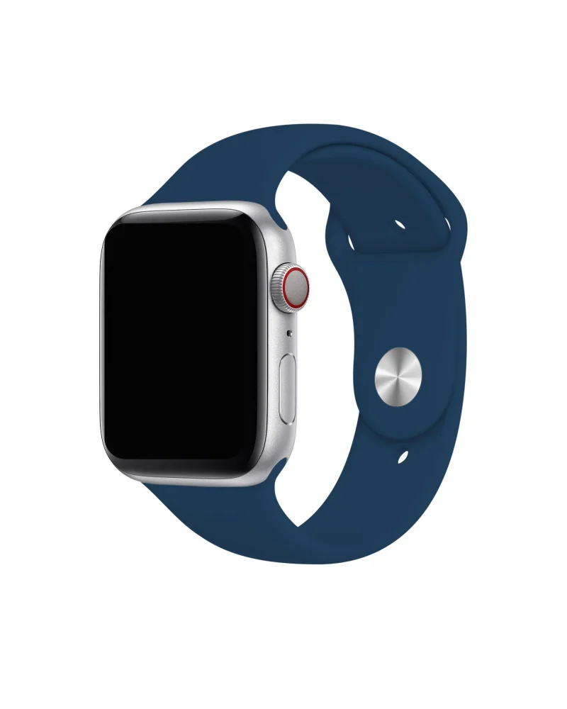 Silver smartwatch with navy blue sport band and red digital crown