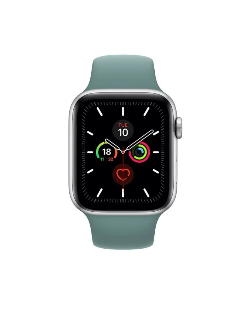Silver smartwatch with cactus green sport band displaying fitness rings