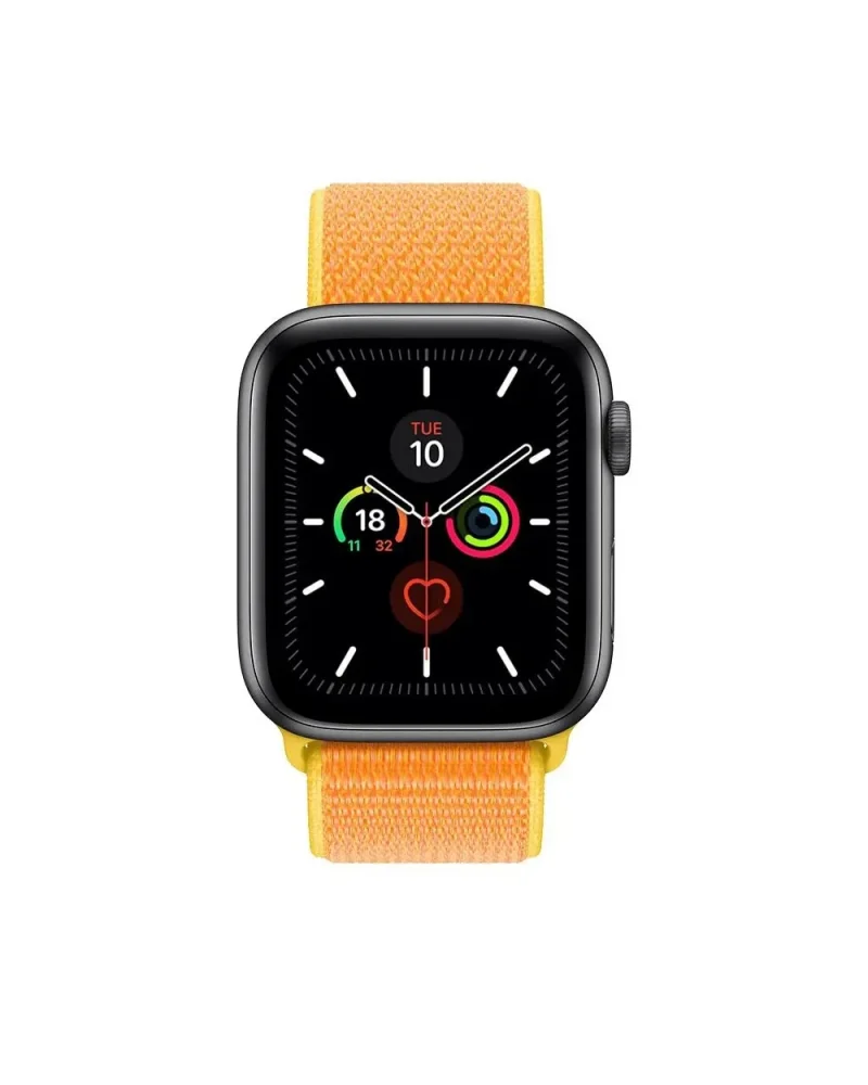 Smart watch with black face and canary yellow woven sport loop band