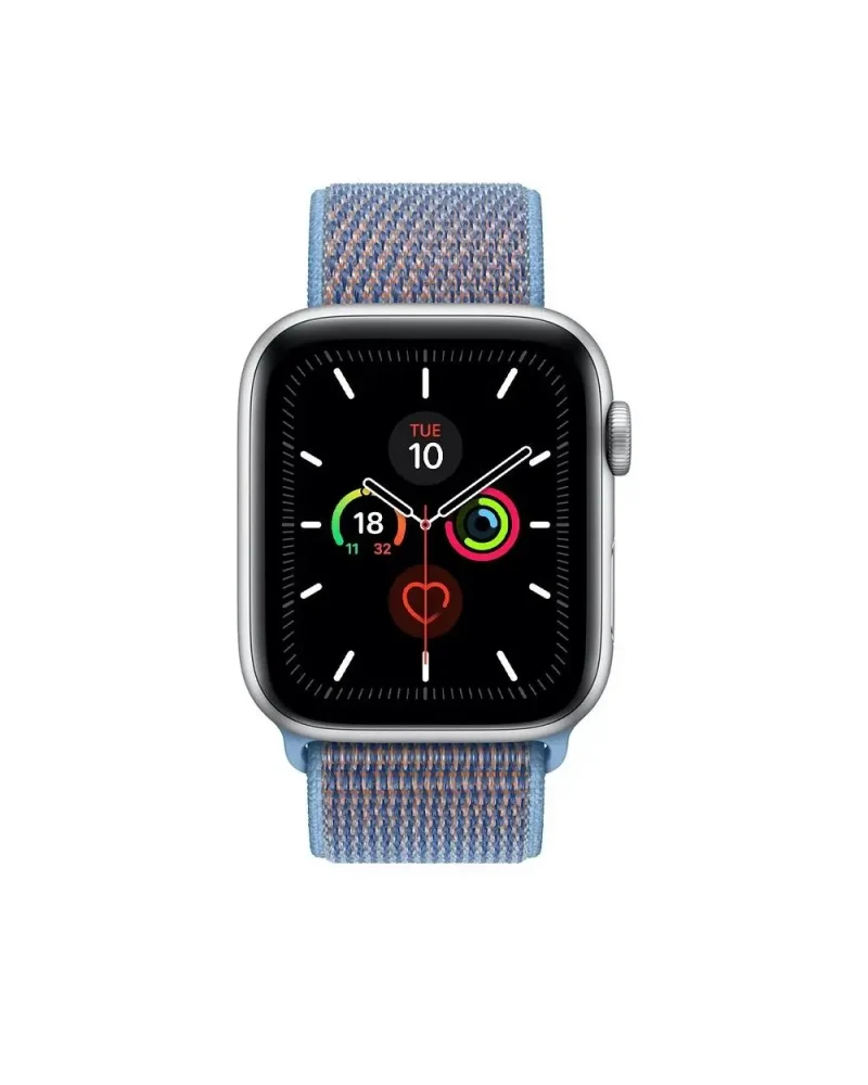 Silver smartwatch with cerulean blue sport loop fabric band