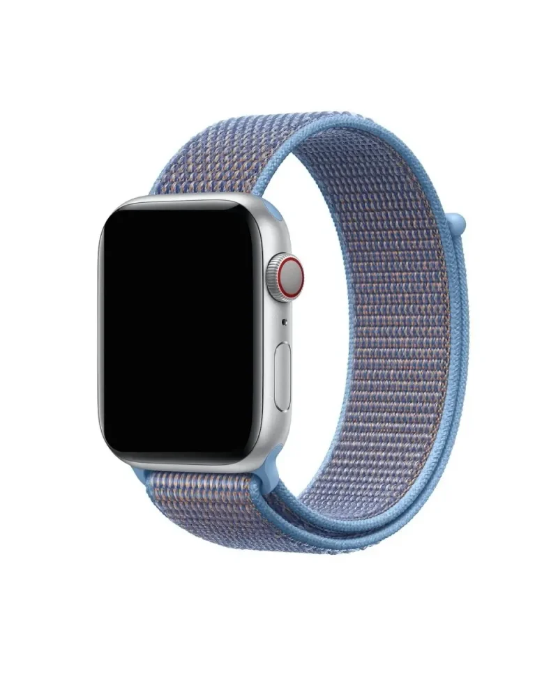 Apple Watch with blue woven sport loop band, silver aluminum case