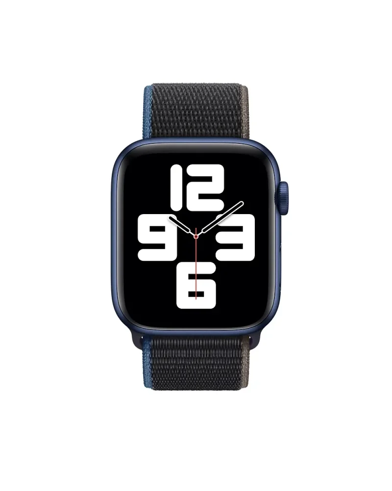Blue aluminum smartwatch with charcoal sport loop band displaying time