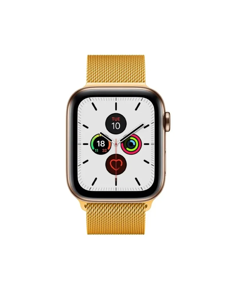 Gold Milanese loop smartwatch with white dial and activity rings display