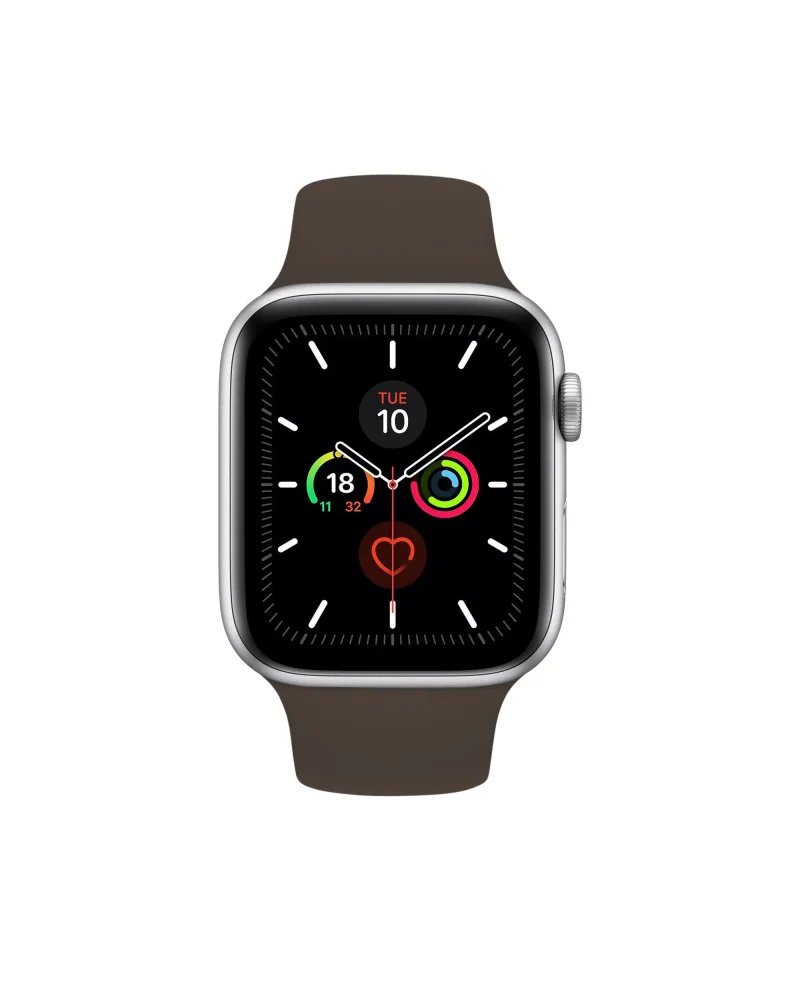 Silver smartwatch with cocoa brown sport band displaying health metrics