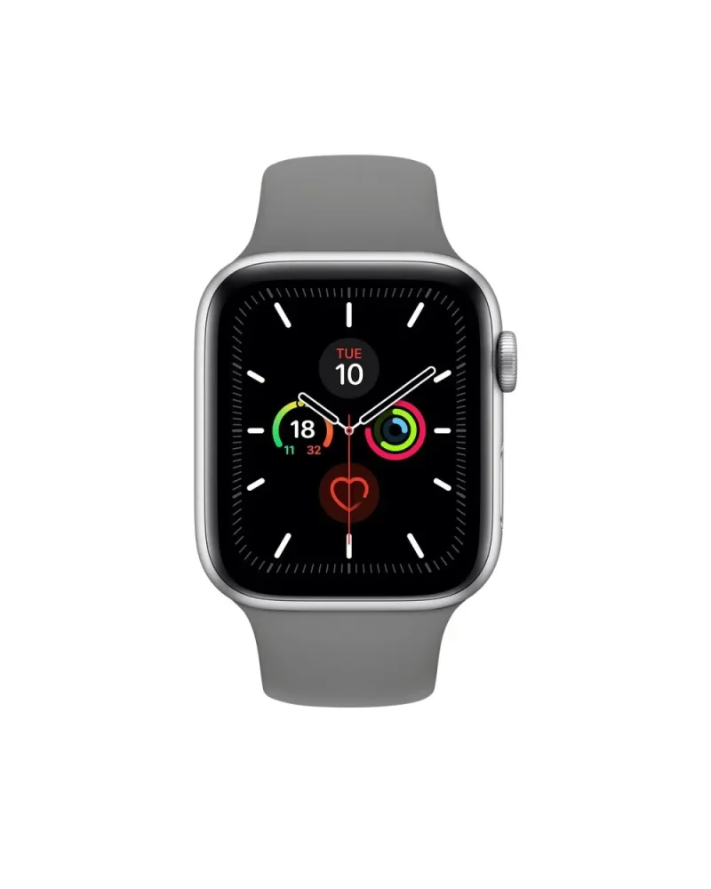 Silver smartwatch with concrete gray sport band displaying fitness tracking features