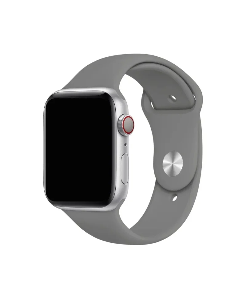 Silver aluminum smartwatch with concrete gray sport band and red crown