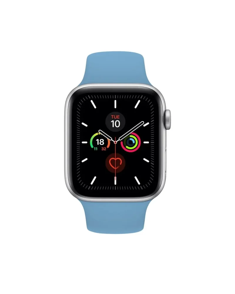 Smartwatch with silver case and cornflower blue sport band displaying fitness rings