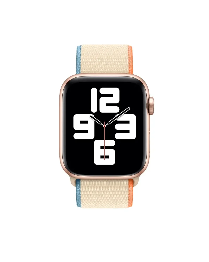 Rose gold smartwatch with cream striped fabric sport loop band