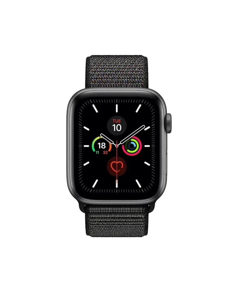 Black smartwatch with black sport loop band and activity rings display