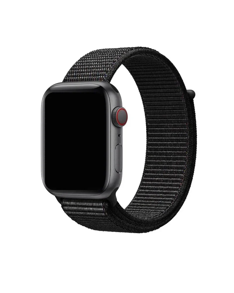 Black sport loop smartwatch band with woven nylon material and cellular connectivity