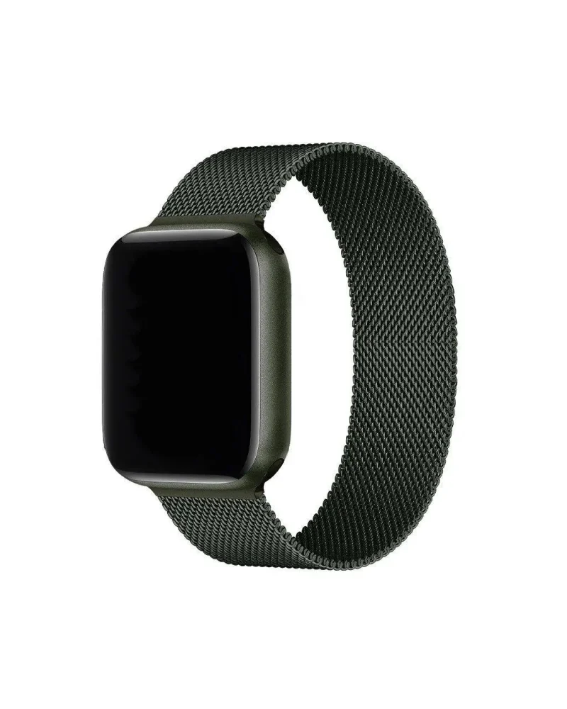 Dark green Milanese loop mesh smartwatch band with magnetic closure