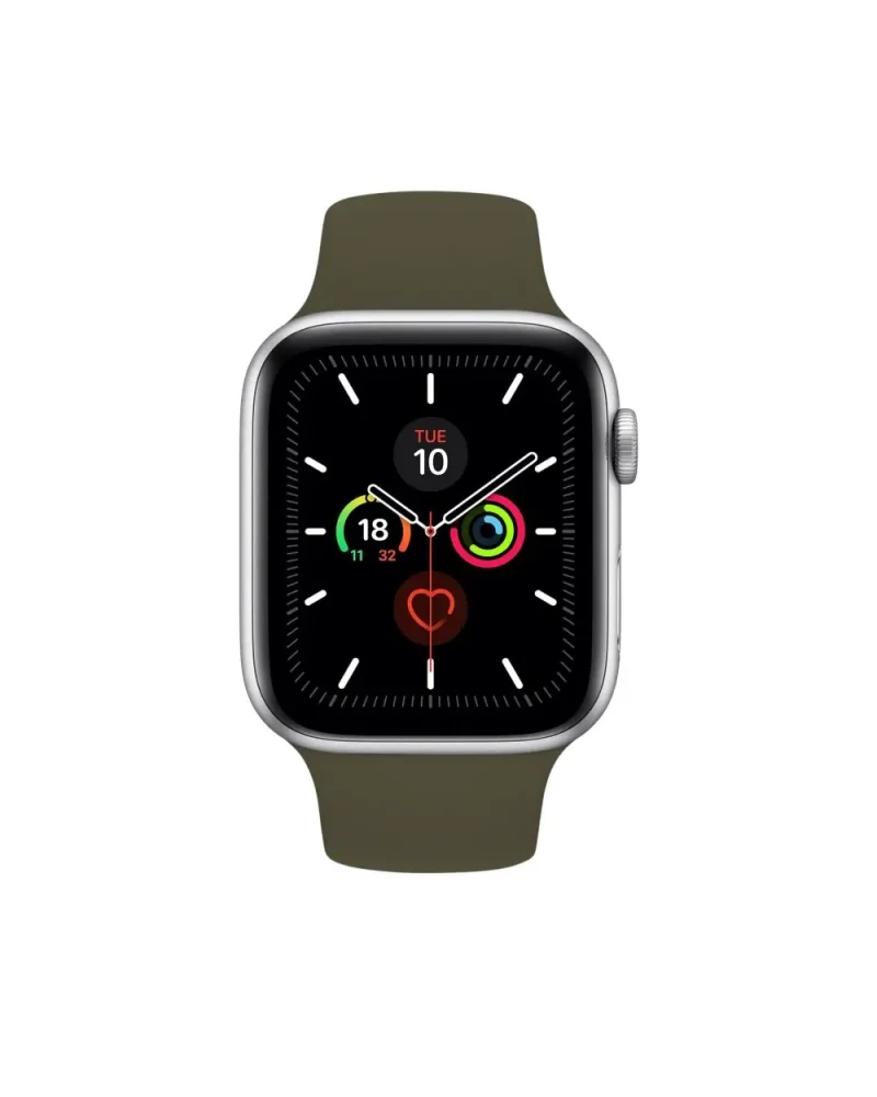 Silver smartwatch with dark olive sport band showing fitness tracking data