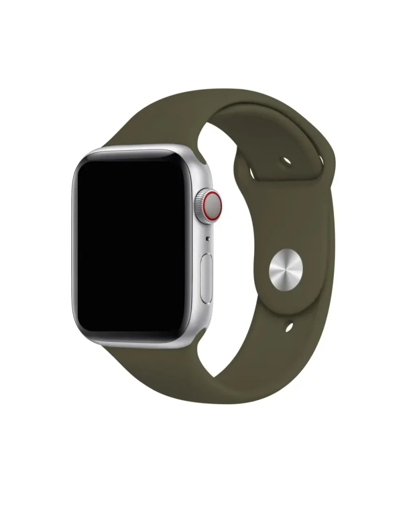 Silver Apple Watch with dark olive green sport band, fitness tracker