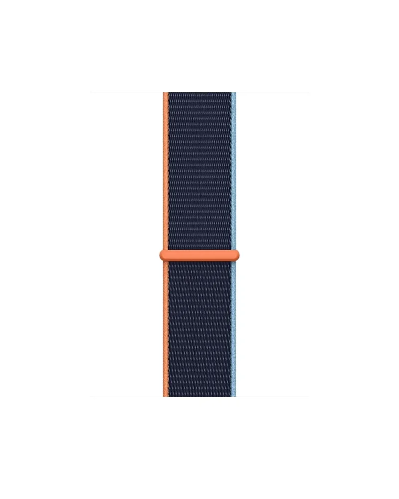 Deep navy sport loop watch band with orange accents and woven nylon material