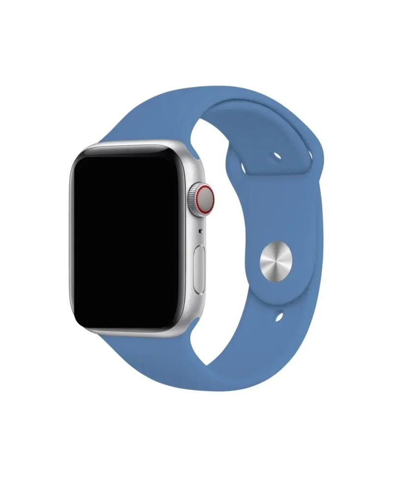 Silver smartwatch with denim blue sport band and red digital crown