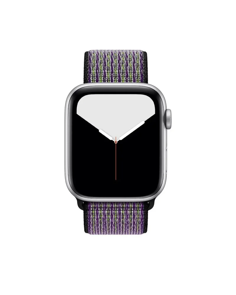 Apple Watch with purple green striped sport loop band, silver case