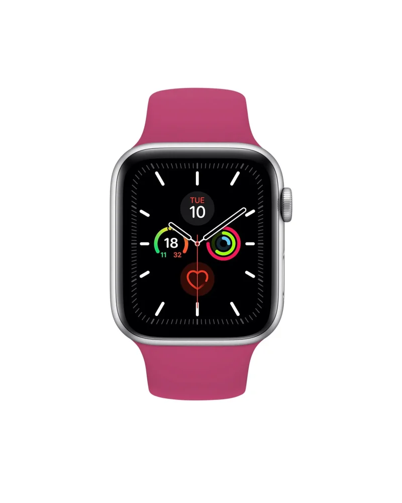 Smartwatch with pink dragonfruit sport band and silver aluminum case displaying fitness rings