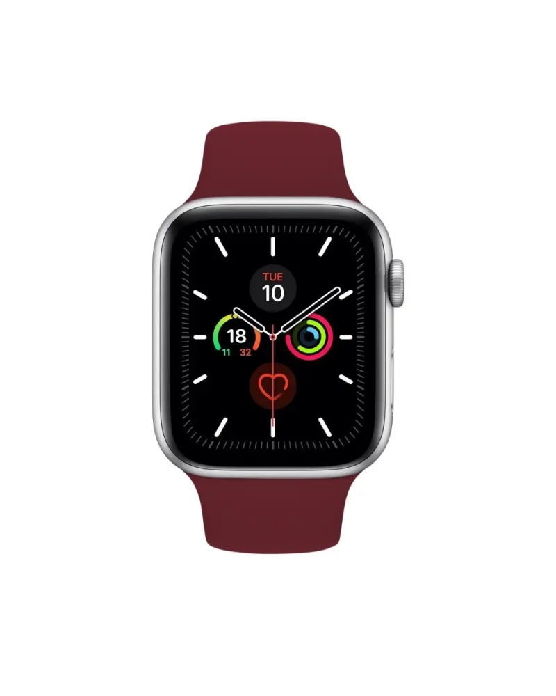 Silver smartwatch with wine red sport band and activity rings display