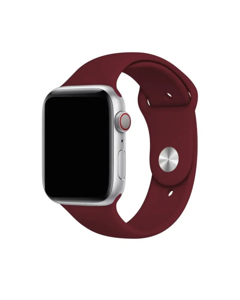 Silver smartwatch with wine red sport silicone band strap