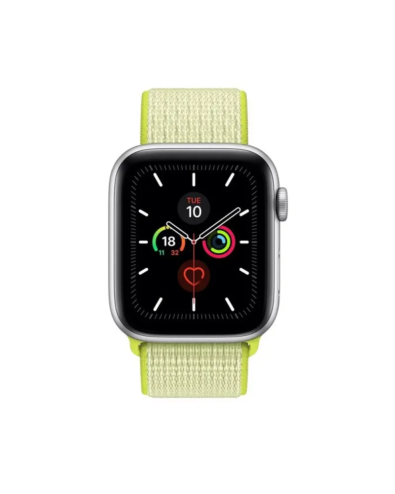 Silver smartwatch with neon yellow sport loop band and activity rings display