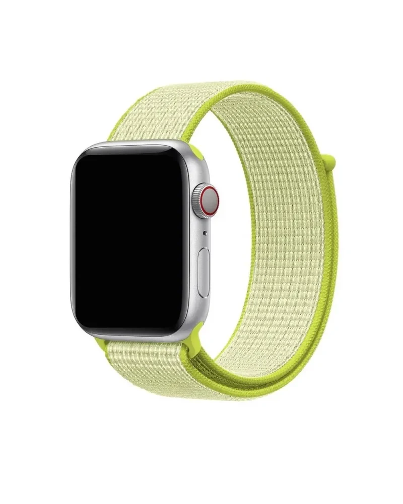 Silver smartwatch with lime green nylon sport loop band