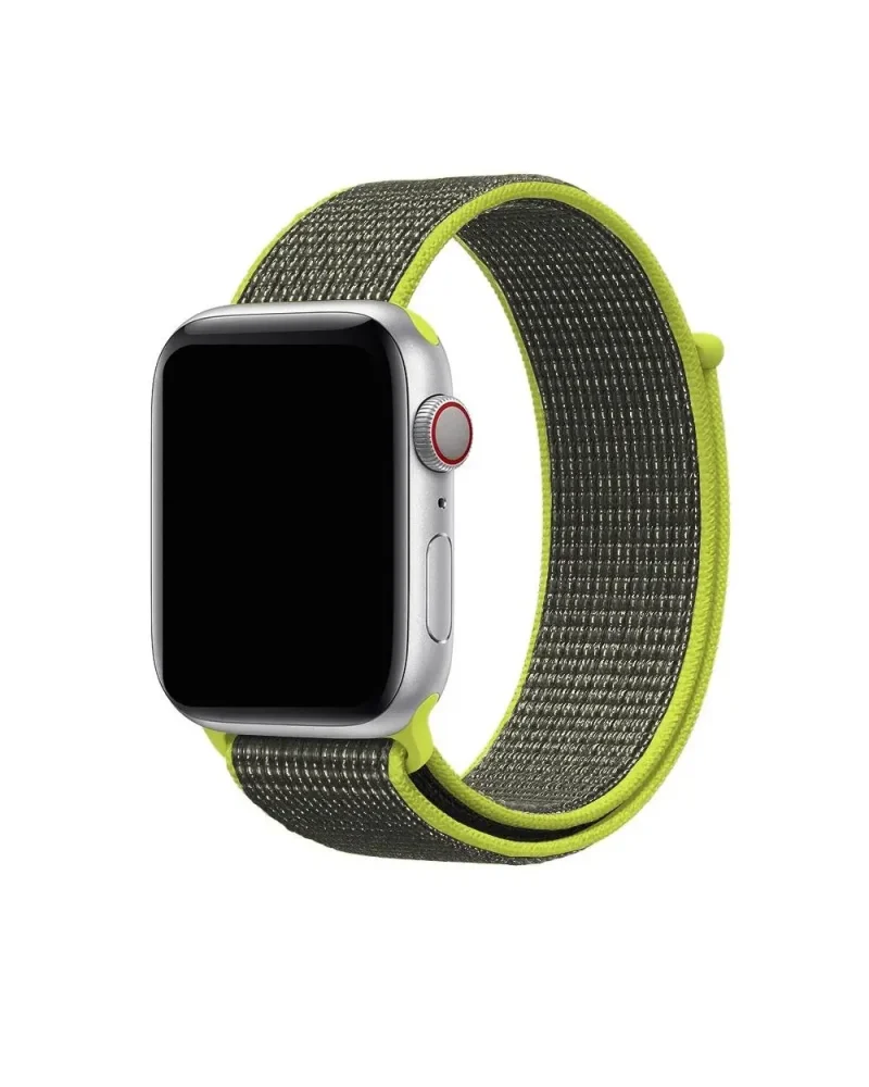 Apple Watch silver aluminum case with neon yellow and gray sport loop band