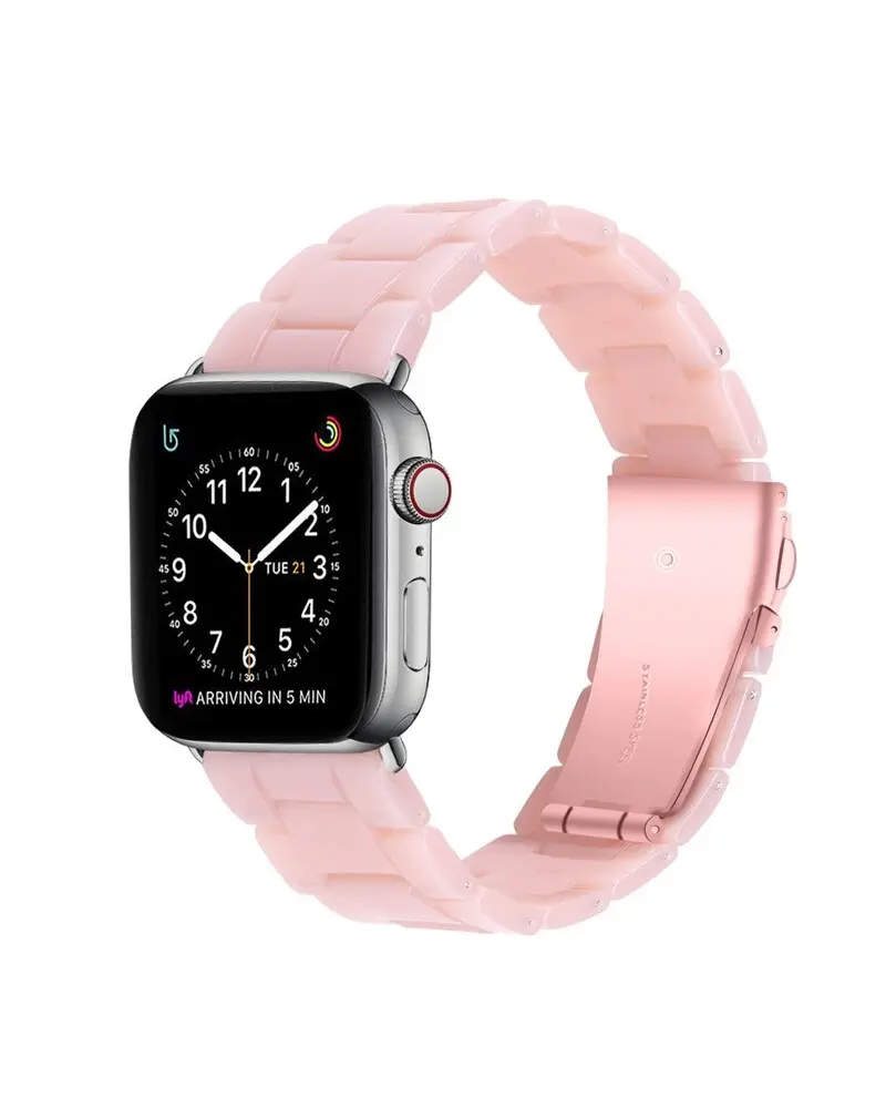 Smartwatch with pearl pink crystal resin band and silver stainless steel case