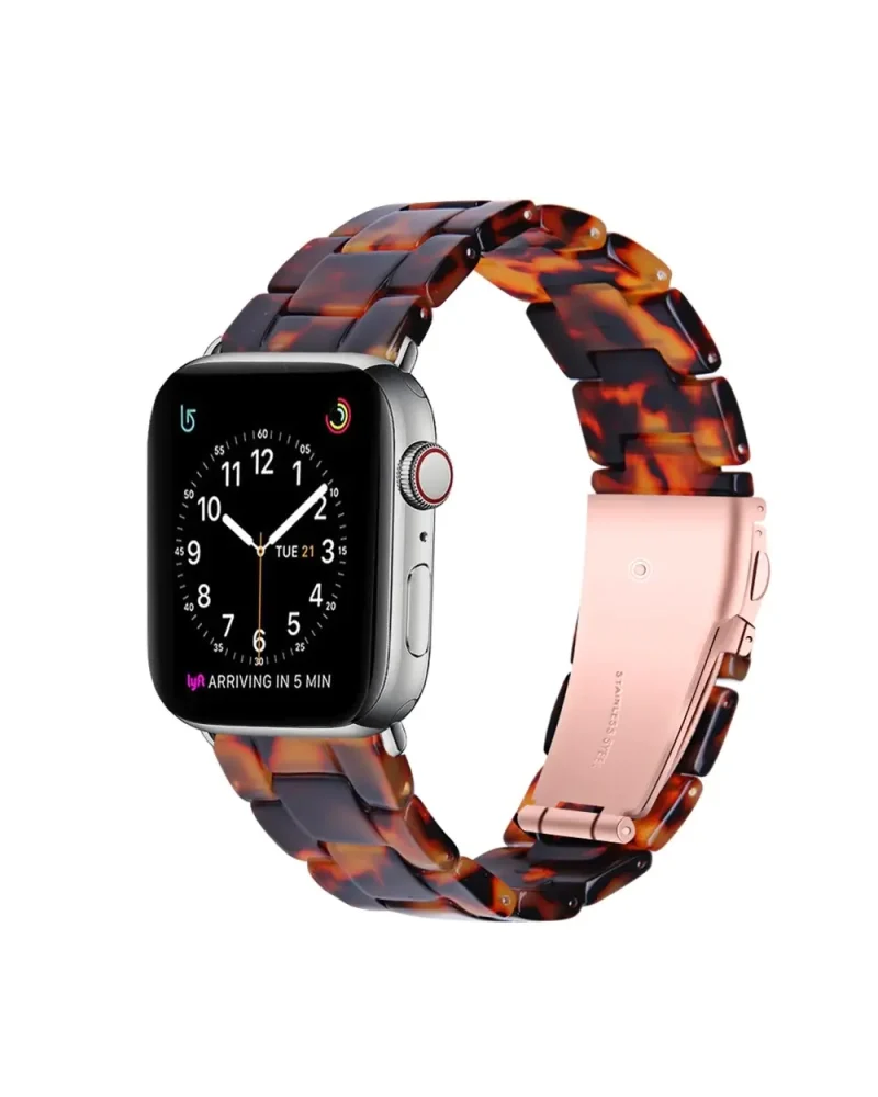 Tortoiseshell resin smartwatch band with rose gold stainless steel connector