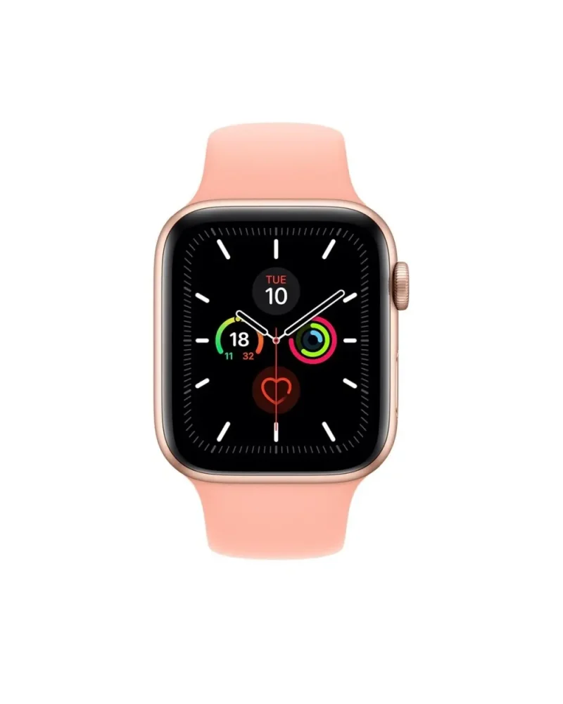 Pink grapefruit sport band smartwatch with activity rings and heart rate monitor display