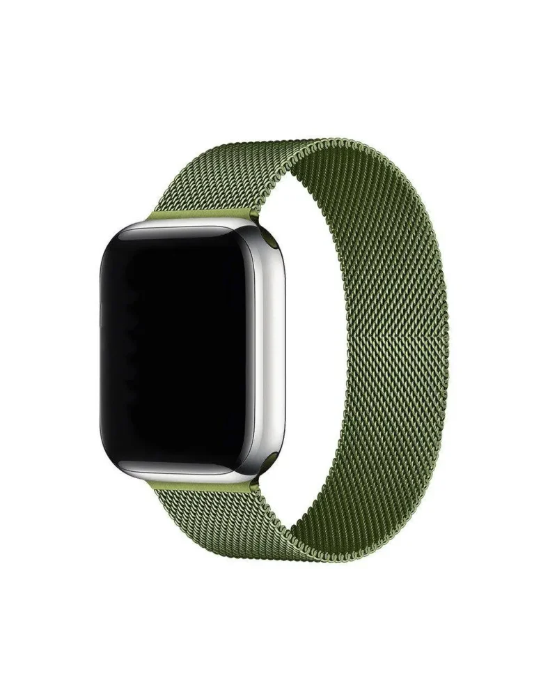 Smartwatch with grass green Milanese loop mesh band and silver case