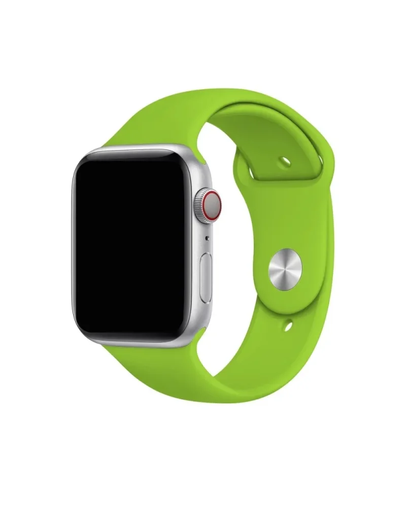 Silver smartwatch with bright green sport band and red digital crown