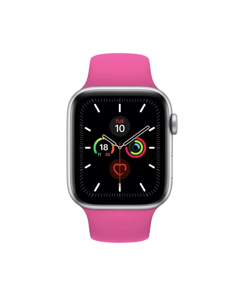 Hot pink sport band smartwatch with silver case and activity rings display