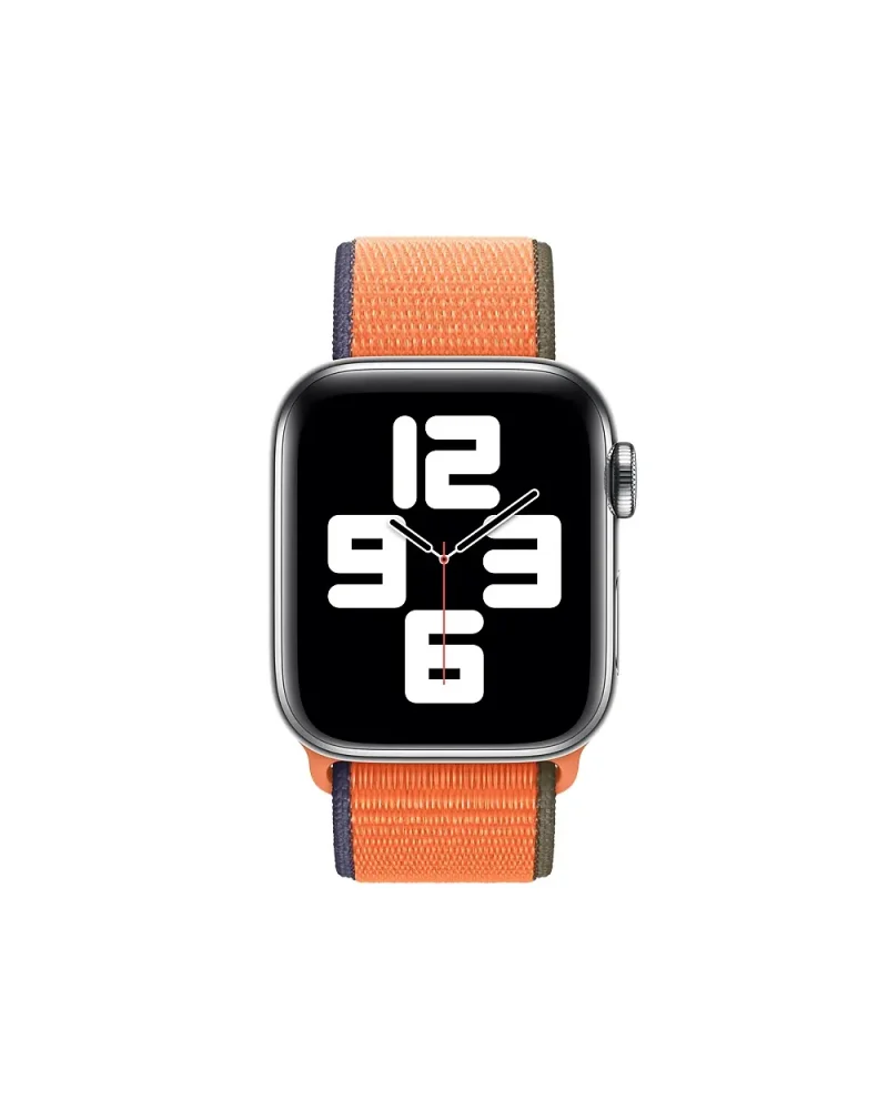 Smartwatch with orange sport loop band and digital display showing time