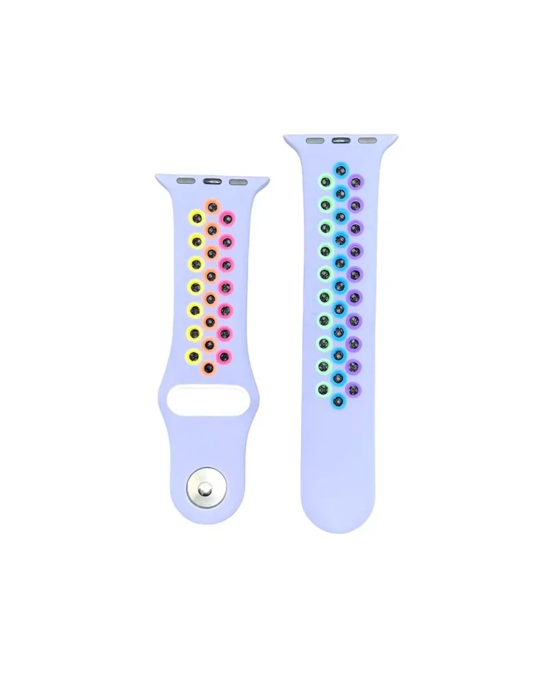 Lavender silicone sport band with colorful rainbow pride dots for Apple Watch