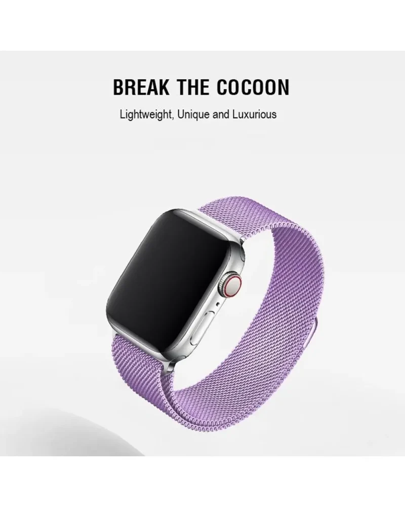 Lavender Milanese Loop smartwatch band with silver case and magnetic closure