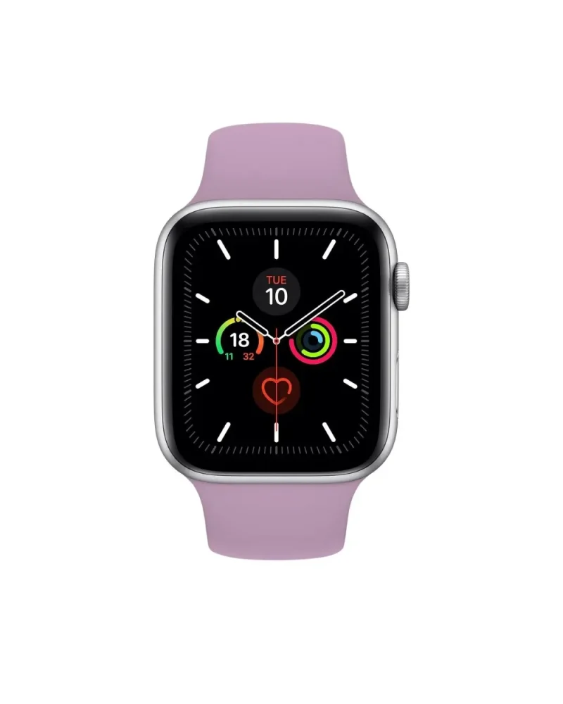 Smartwatch with lavender sport band, silver case, black dial and health rings